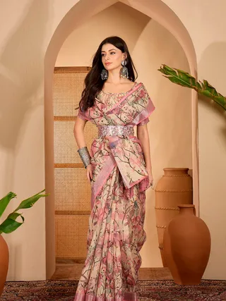Pink Floral Printed Linen Cotton Saree with Blouse