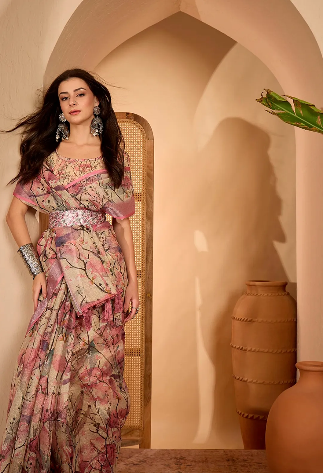 Pink Floral Printed Linen Cotton Saree with Blouse