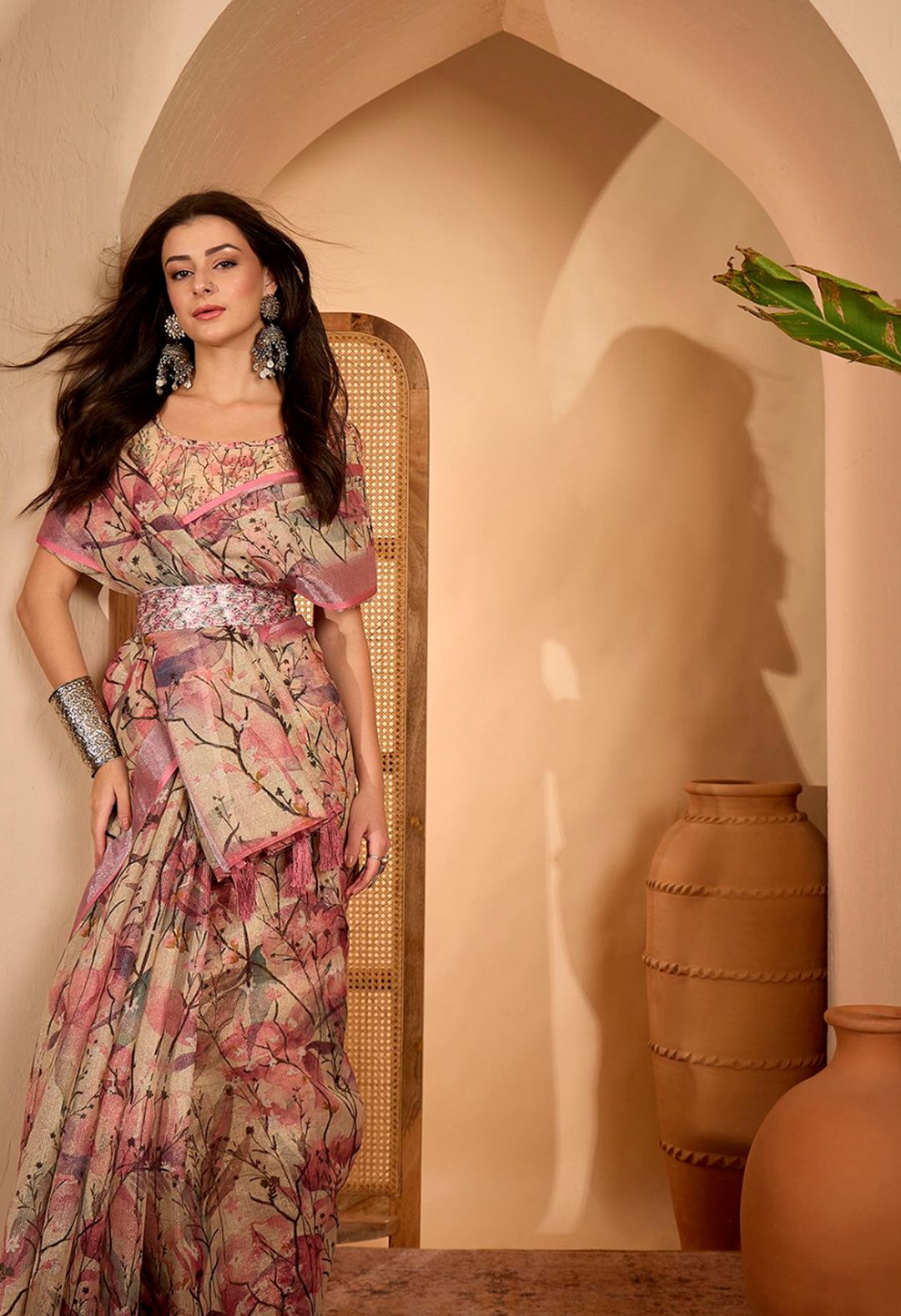 Pink Floral Printed Linen Cotton Saree with Blouse