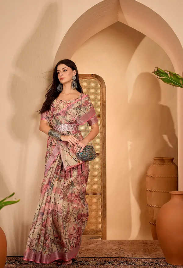 Pink Floral Printed Linen Cotton Saree with Blouse