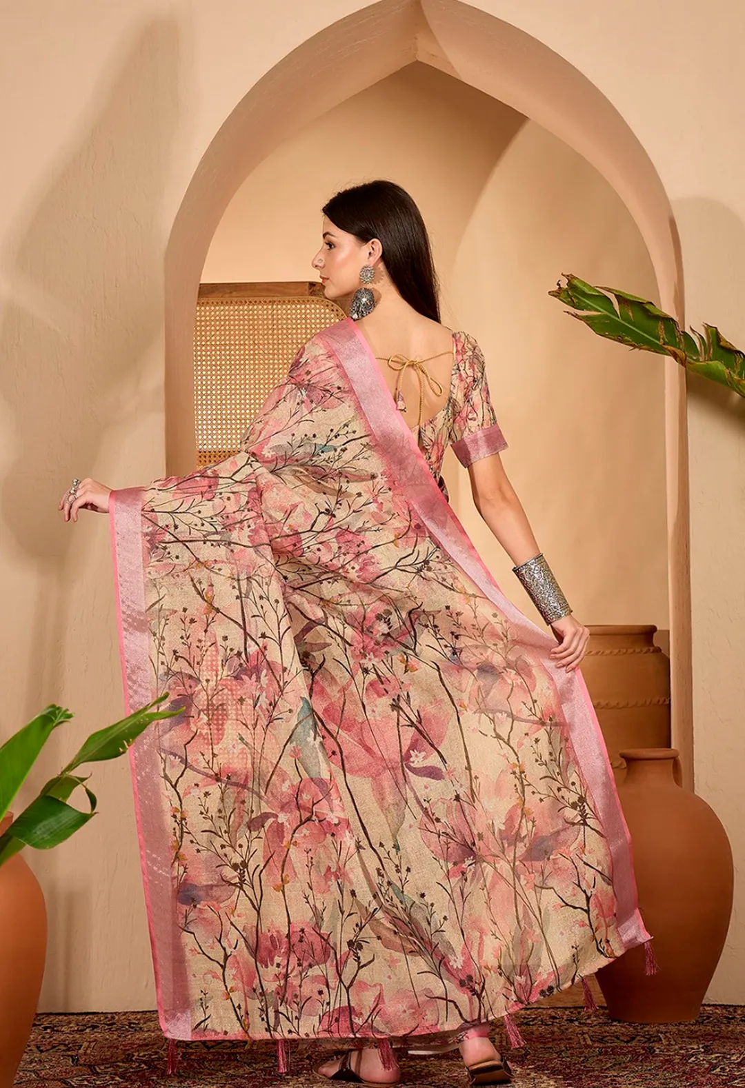 Pink Floral Printed Linen Cotton Saree with Blouse