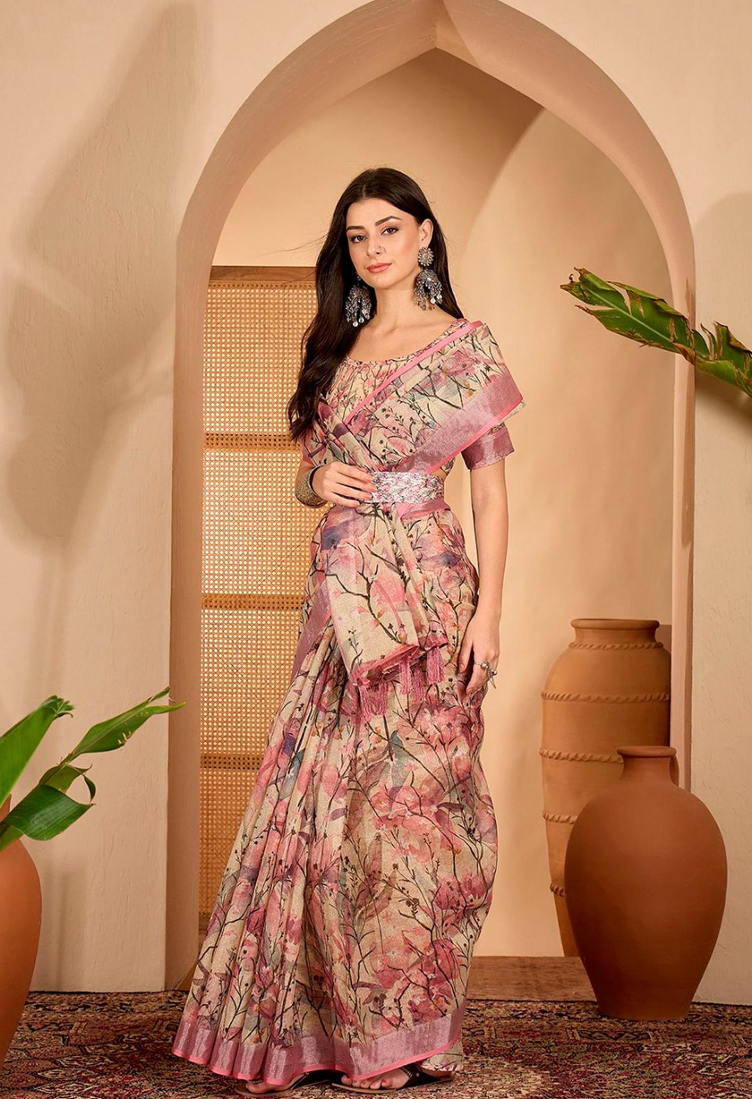 Pink Floral Printed Linen Cotton Saree with Blouse