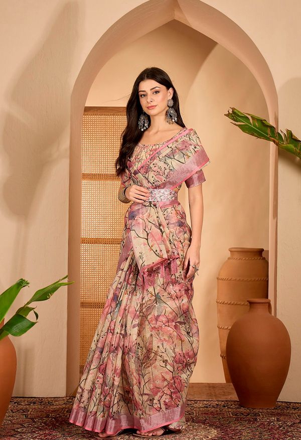 Pink Floral Printed Linen Cotton Saree with Blouse