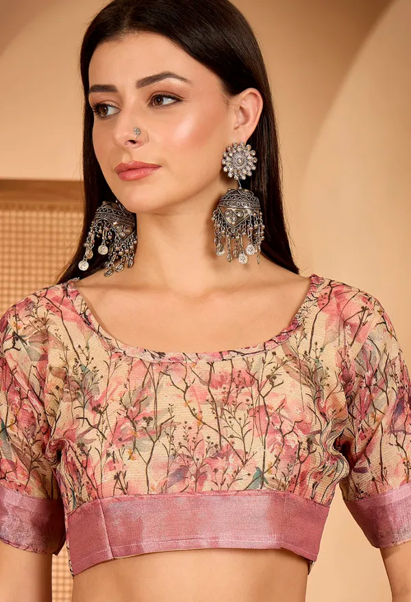 Pink Floral Printed Linen Cotton Saree with Blouse
