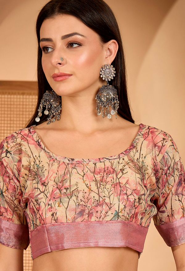 Pink Floral Printed Linen Cotton Saree with Blouse