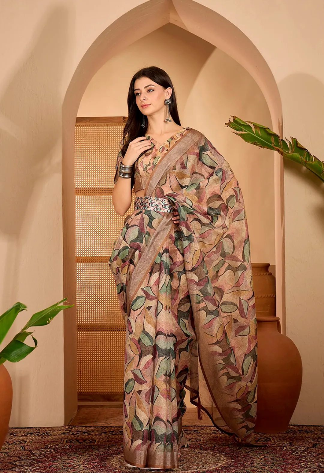 Beige Leaf Printed Linen Cotton Saree with Blouse