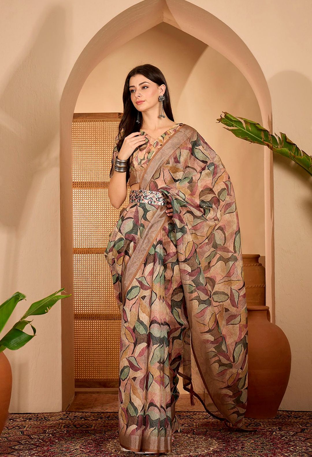 Beige Leaf Printed Linen Cotton Saree with Blouse