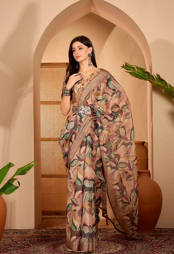 Beige Leaf Printed Linen Cotton Saree with Blouse