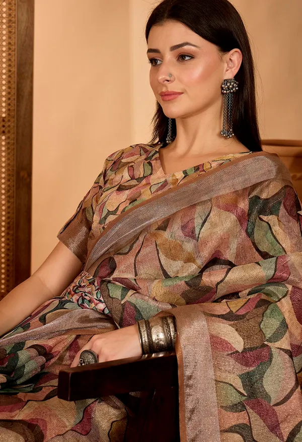 Beige Leaf Printed Linen Cotton Saree with Blouse