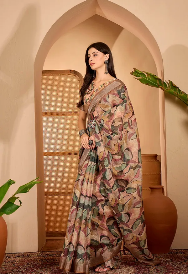 Beige Leaf Printed Linen Cotton Saree with Blouse