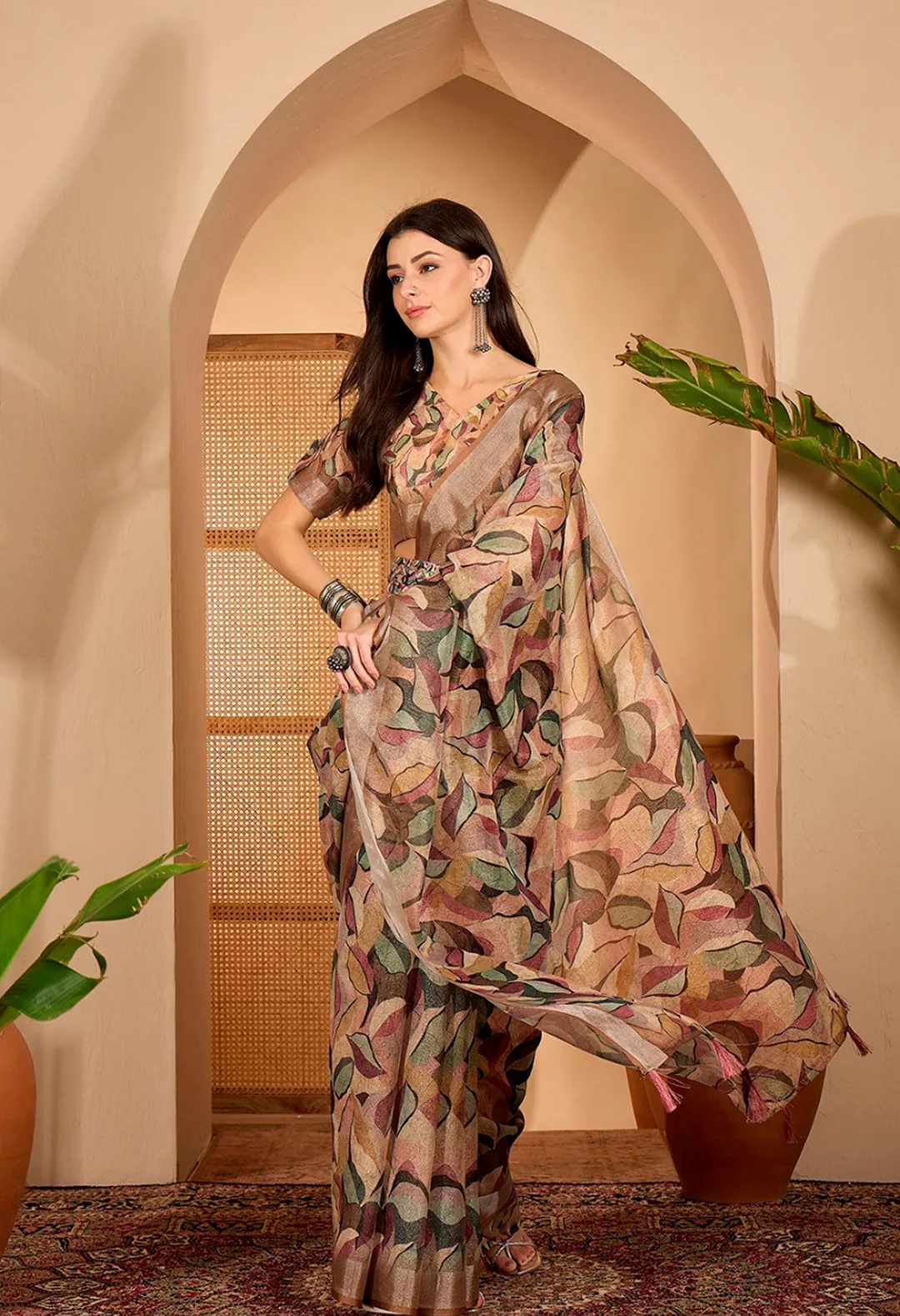 Beige Leaf Printed Linen Cotton Saree with Blouse