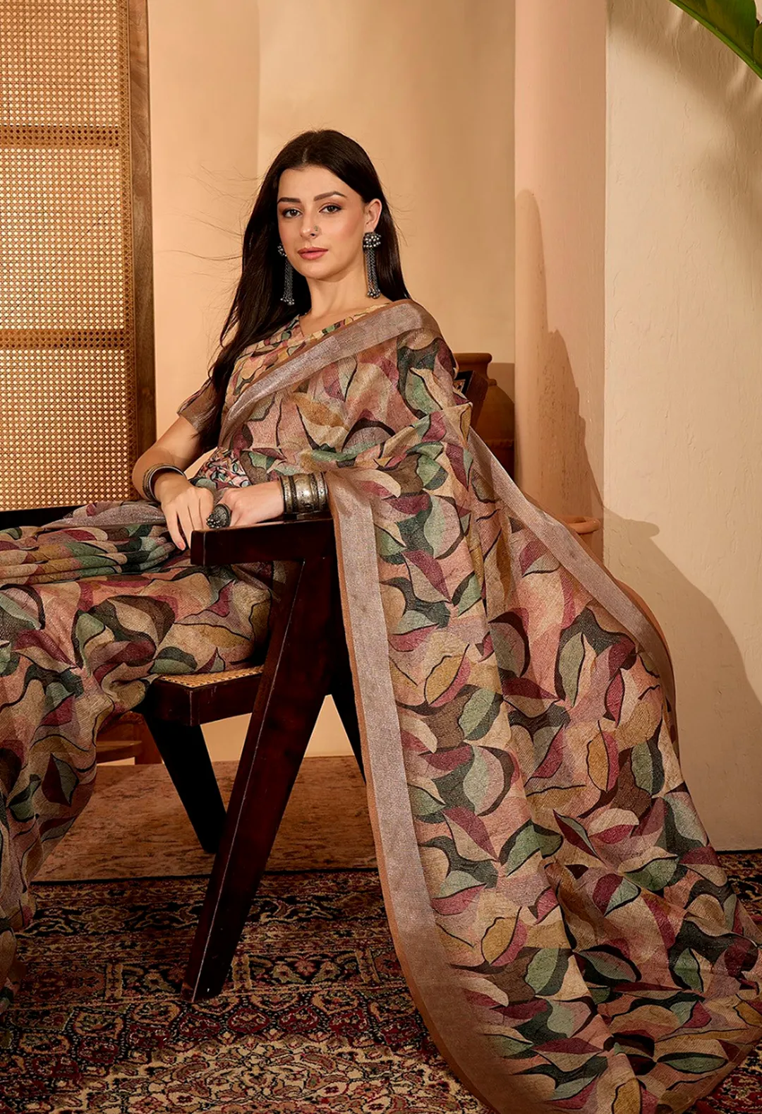 Beige Leaf Printed Linen Cotton Saree with Blouse