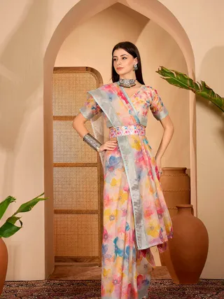 Pastel Floral Printed Linen Cotton Saree with Blouse
