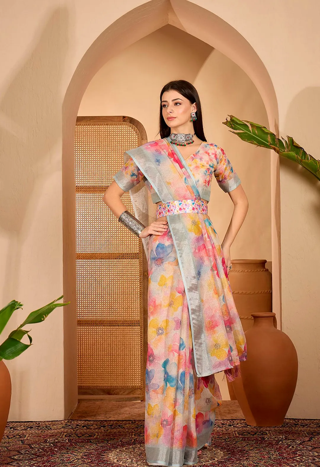 Pastel Floral Printed Linen Cotton Saree with Blouse