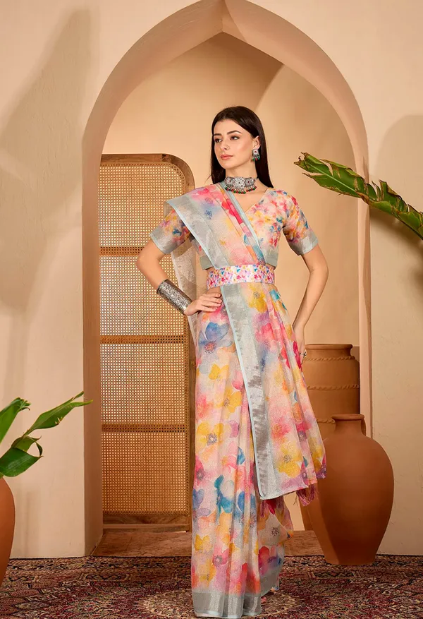 Pastel Floral Printed Linen Cotton Saree with Blouse
