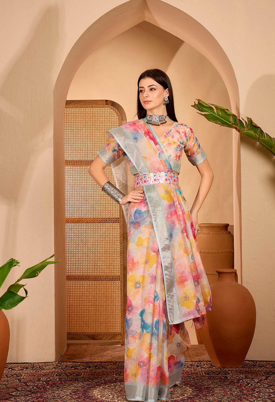 Pastel Floral Printed Linen Cotton Saree with Blouse
