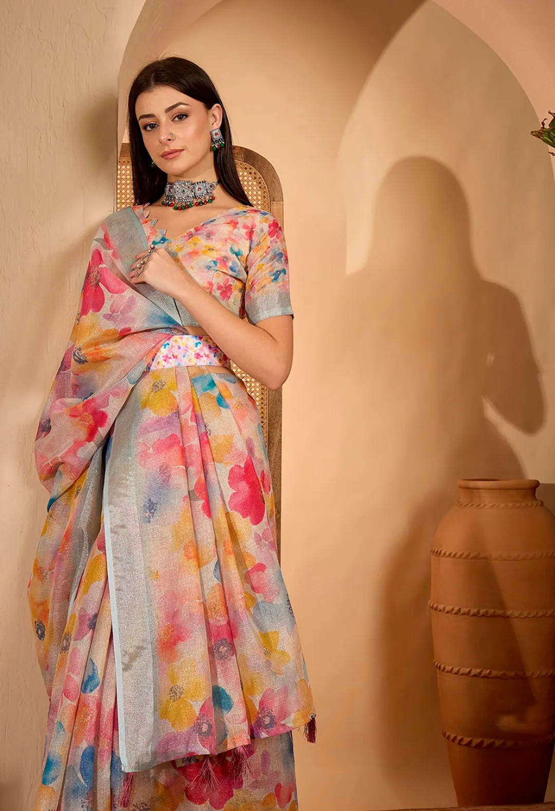 Pastel Floral Printed Linen Cotton Saree with Blouse