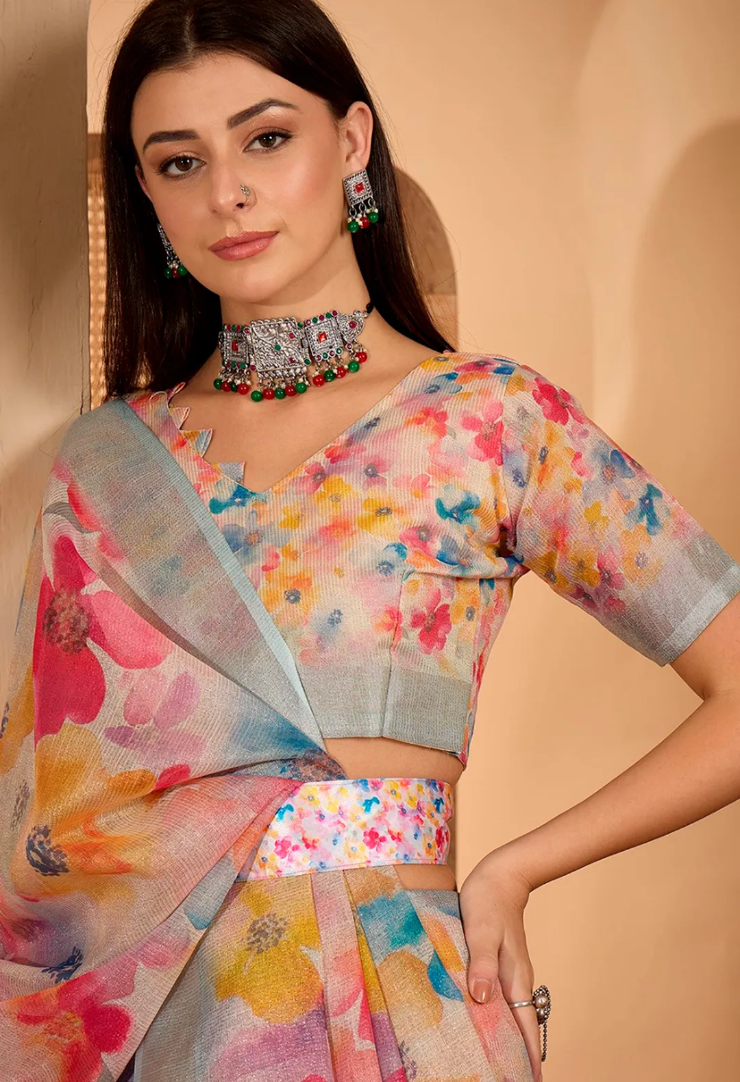 Pastel Floral Printed Linen Cotton Saree with Blouse