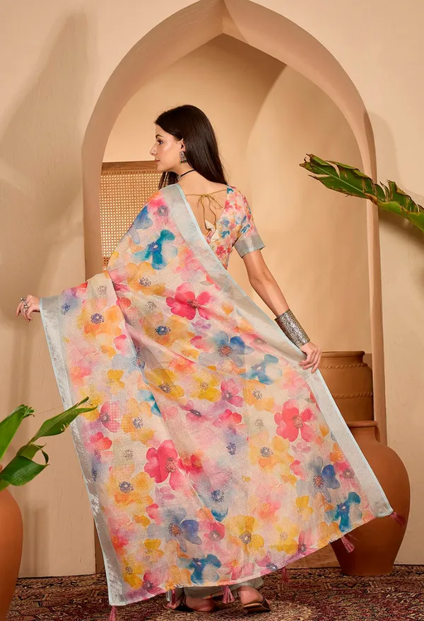Pastel Floral Printed Linen Cotton Saree with Blouse
