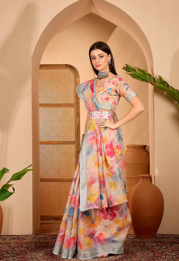 Pastel Floral Printed Linen Cotton Saree with Blouse