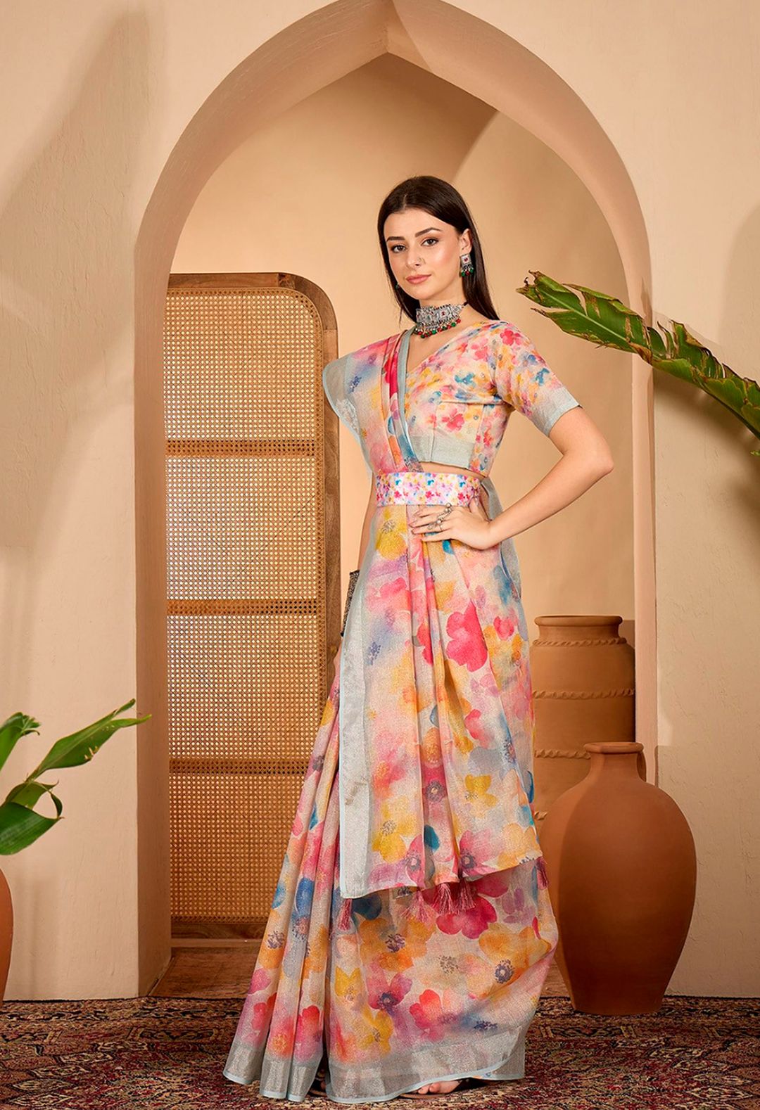 Pastel Floral Printed Linen Cotton Saree with Blouse