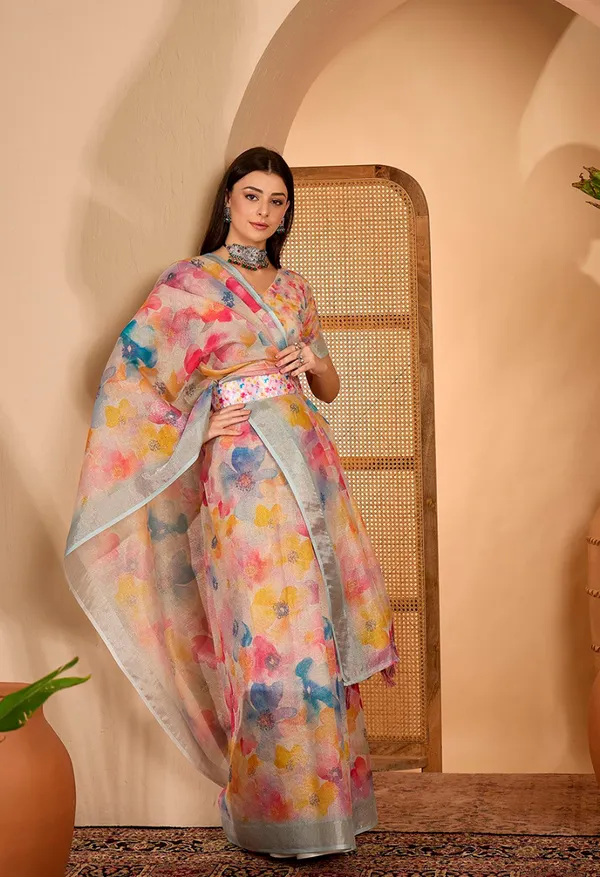 Pastel Floral Printed Linen Cotton Saree with Blouse