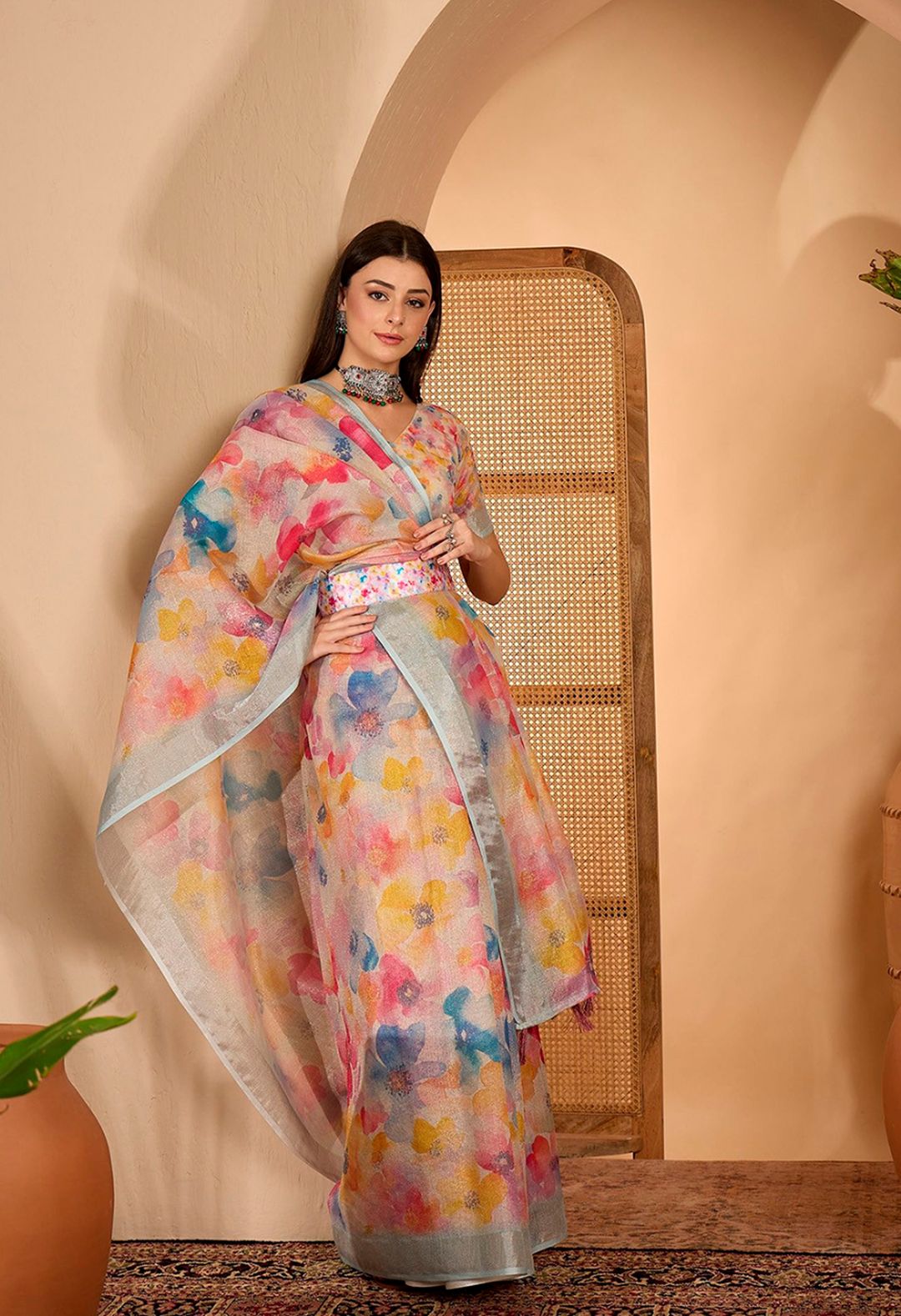 Pastel Floral Printed Linen Cotton Saree with Blouse
