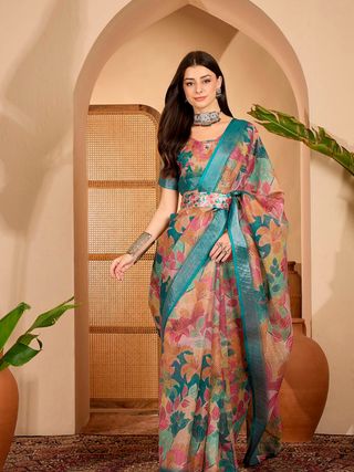 Teal Floral Printed Linen Cotton Saree with Blouse