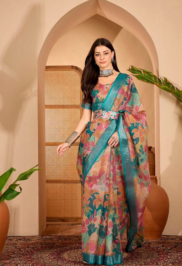 Teal Floral Printed Linen Cotton Saree with Blouse