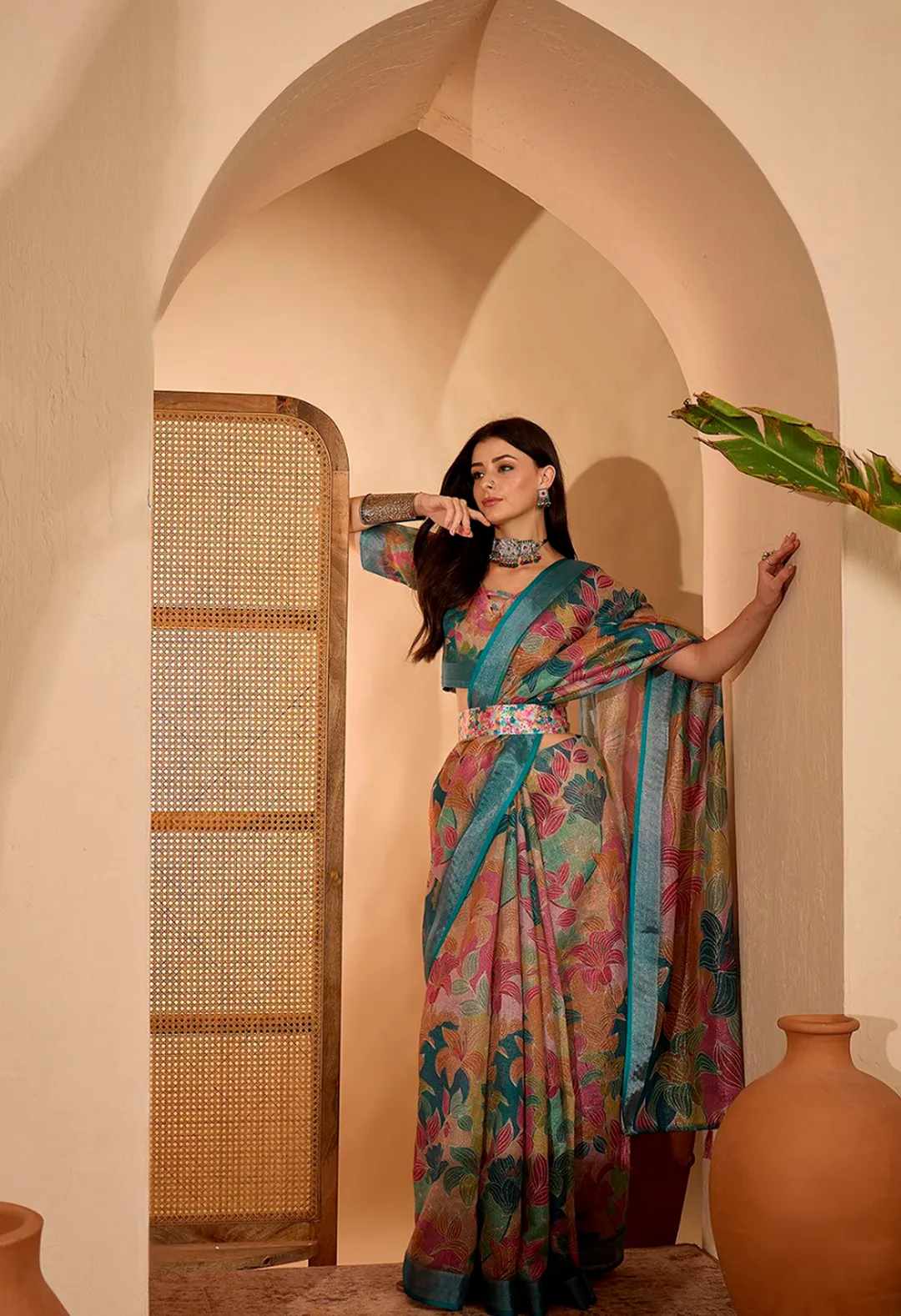 Teal Floral Printed Linen Cotton Saree with Blouse