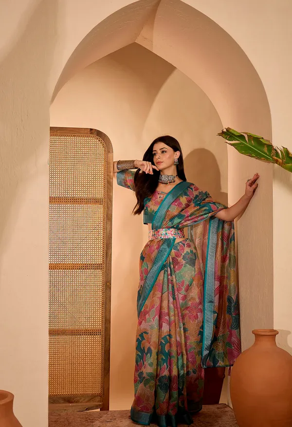 Teal Floral Printed Linen Cotton Saree with Blouse