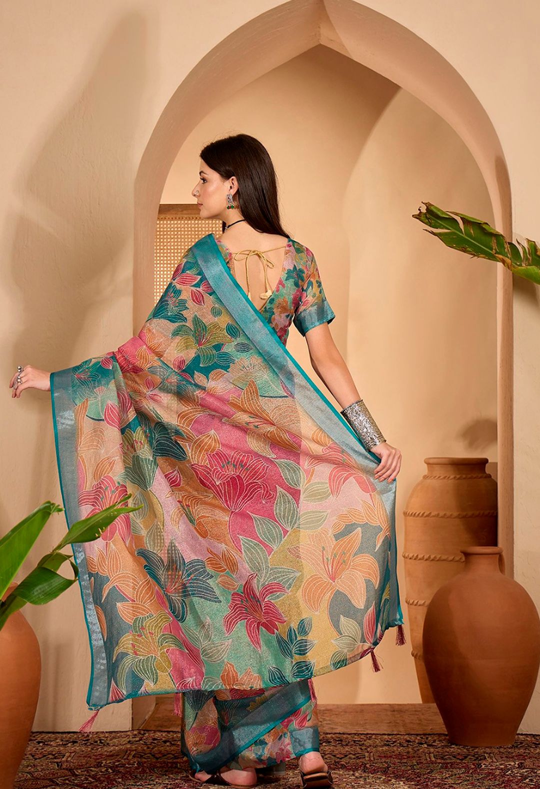 Teal Floral Printed Linen Cotton Saree with Blouse
