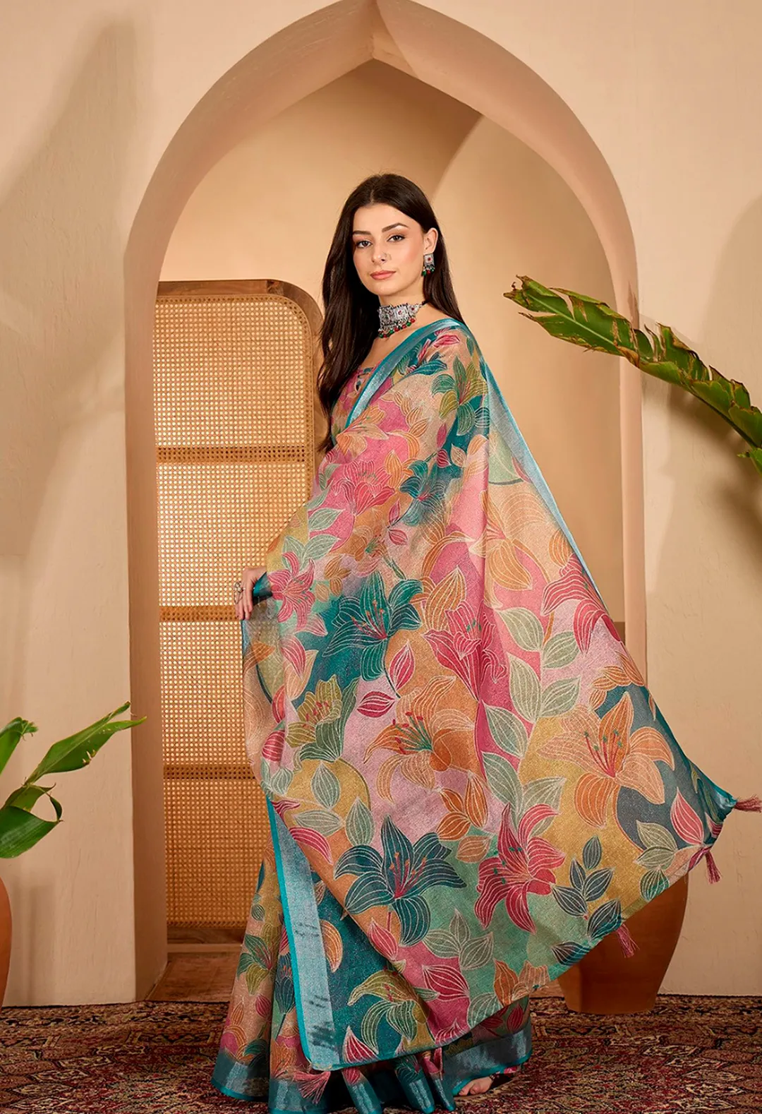 Teal Floral Printed Linen Cotton Saree with Blouse