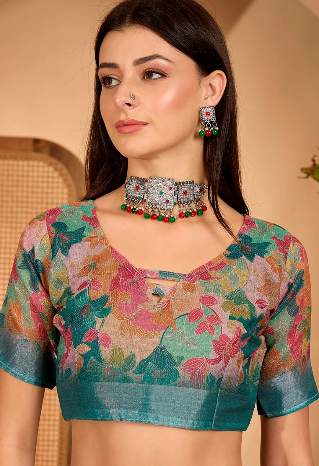 Teal Floral Printed Linen Cotton Saree with Blouse
