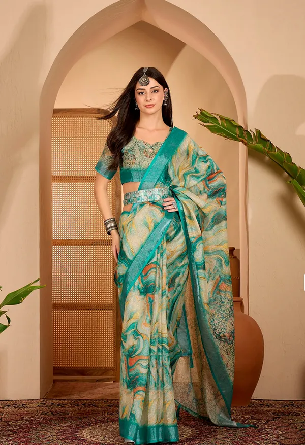 Teal Floral Print Linen Cotton Saree With Blouse | VARNAVi