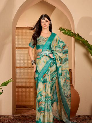 Teal Floral Print Linen Cotton Saree With Blouse | VARNAVi