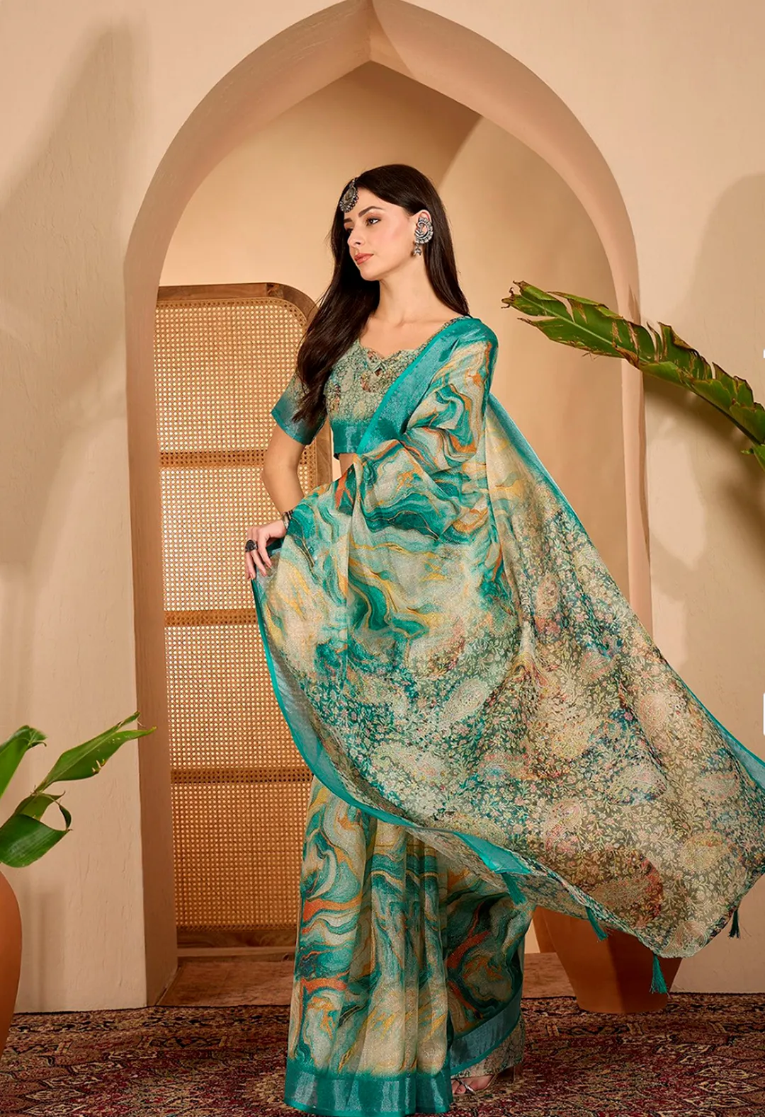 Teal Floral Print Linen Cotton Saree With Blouse | VARNAVi