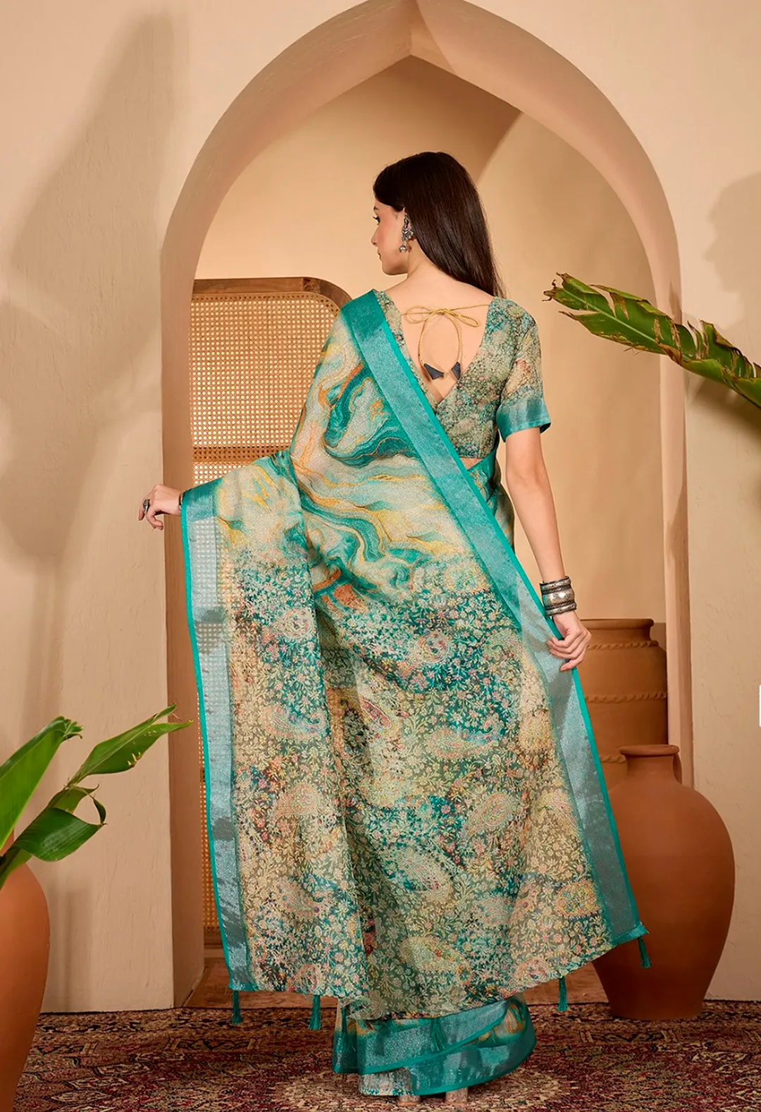 Teal Floral Print Linen Cotton Saree With Blouse | VARNAVi
