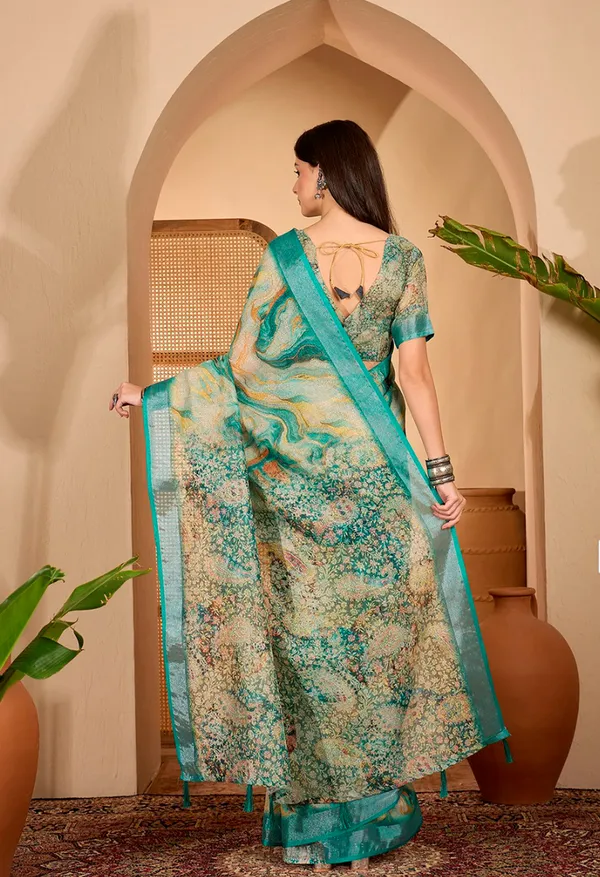 Teal Floral Print Linen Cotton Saree With Blouse | VARNAVi