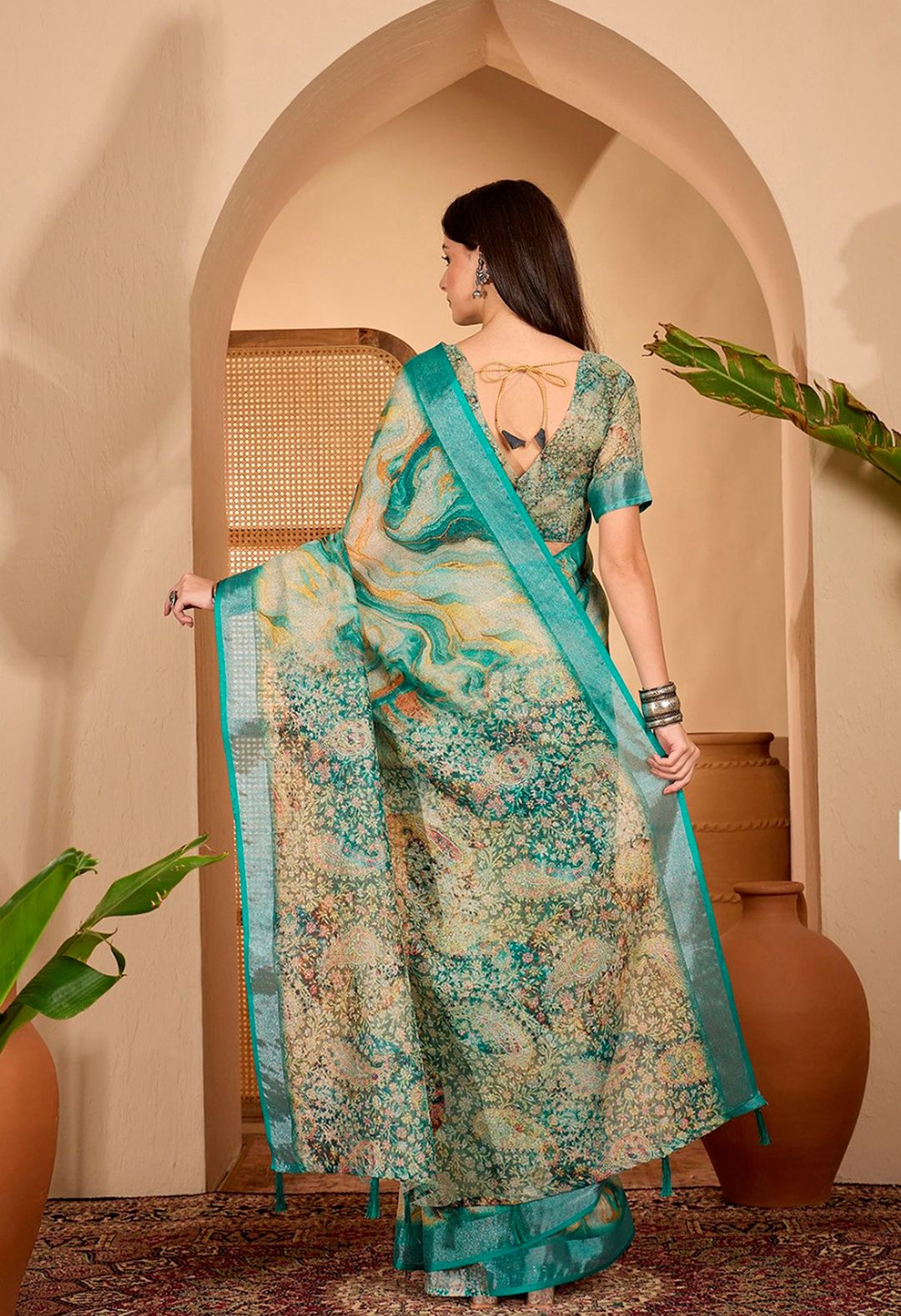 Teal Floral Print Linen Cotton Saree With Blouse | VARNAVi