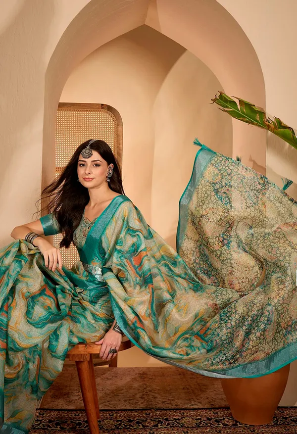Teal Floral Print Linen Cotton Saree With Blouse | VARNAVi