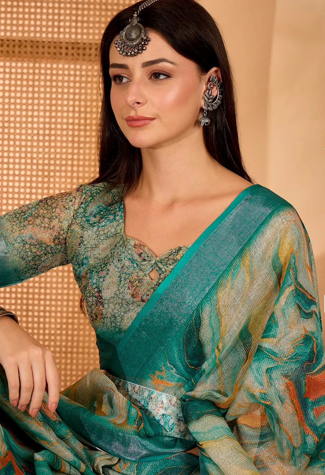Teal Floral Print Linen Cotton Saree With Blouse | VARNAVi