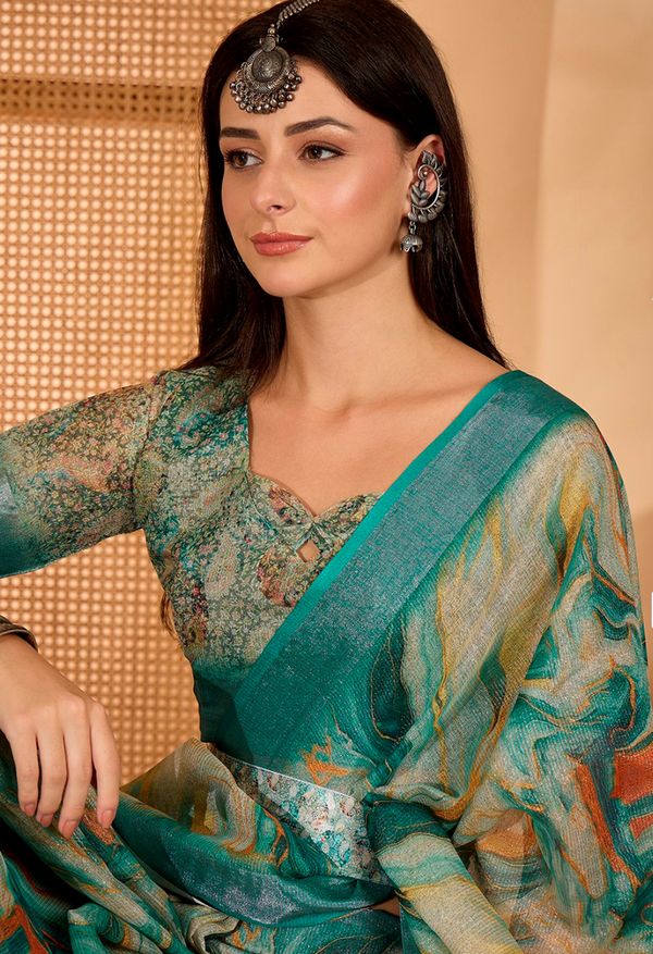 Teal Floral Print Linen Cotton Saree With Blouse | VARNAVi