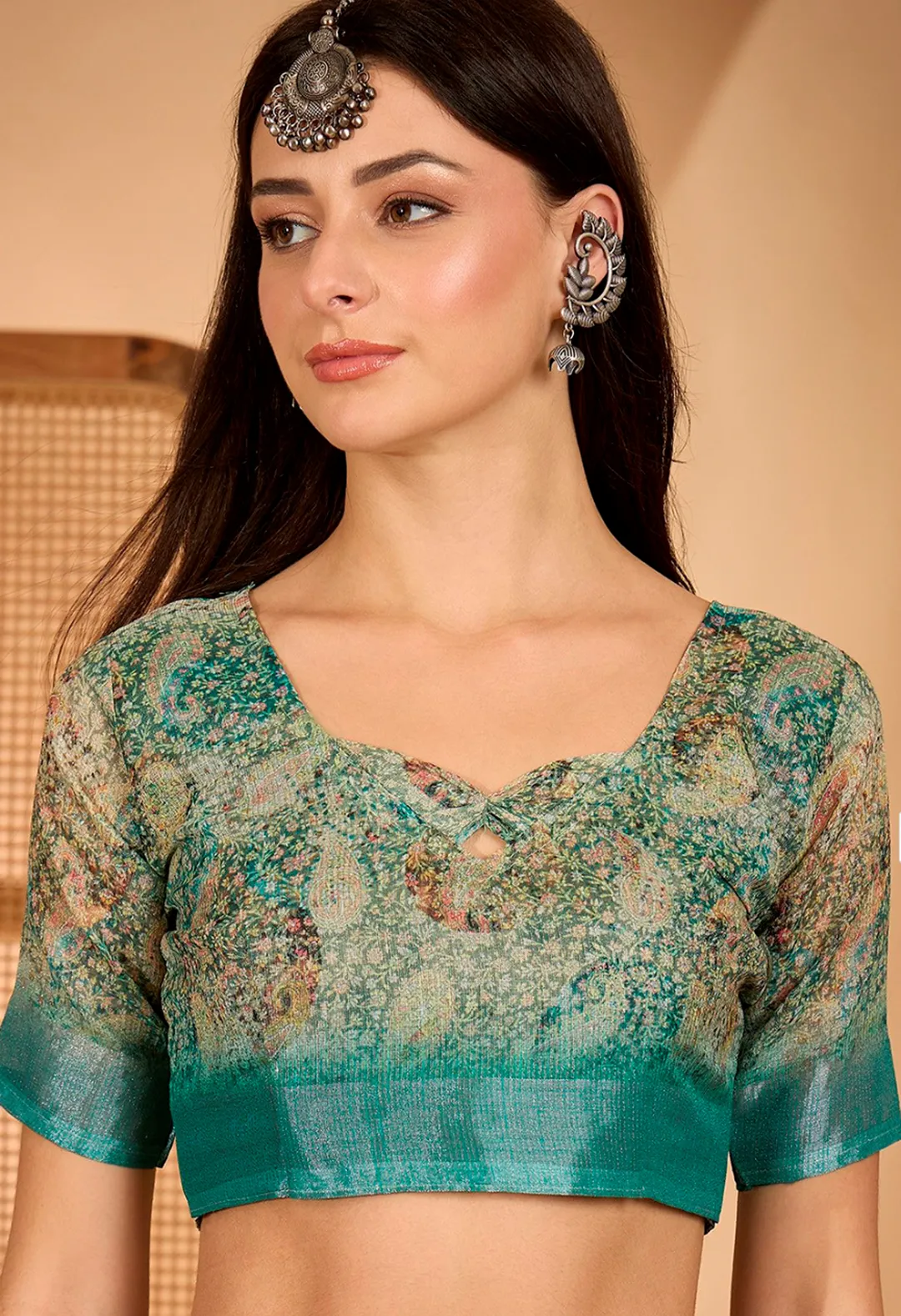 Teal Floral Print Linen Cotton Saree With Blouse | VARNAVi