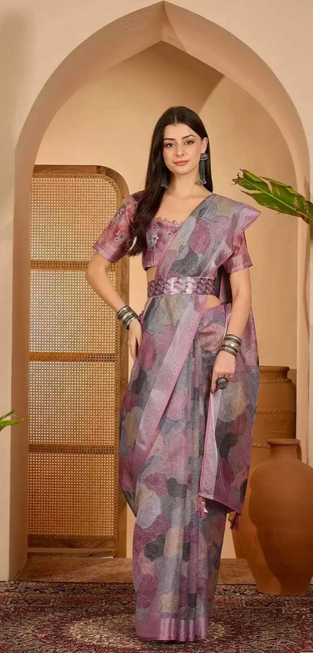 Mauve Floral Print Linen Cotton Saree with Blouse | VARNAVI