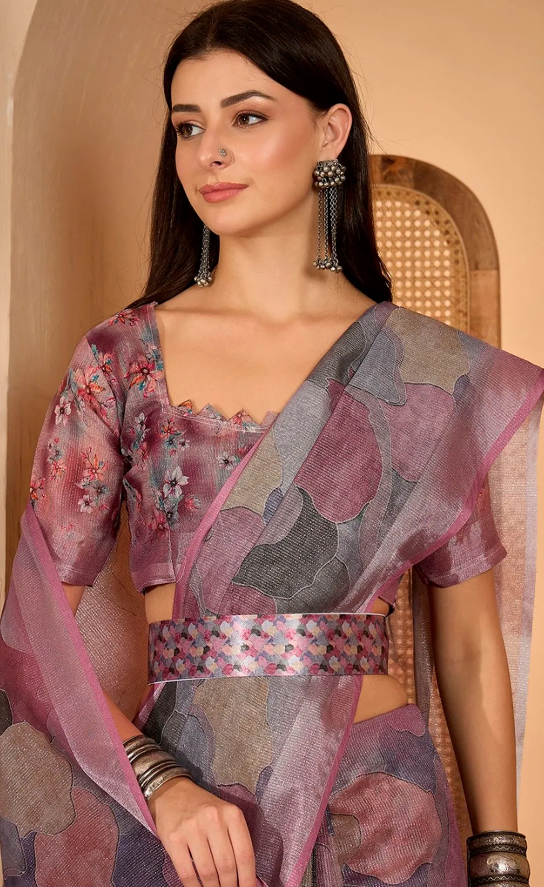Mauve Floral Print Linen Cotton Saree with Blouse | VARNAVI