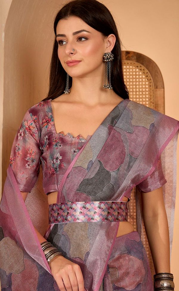 Mauve Floral Print Linen Cotton Saree with Blouse | VARNAVI