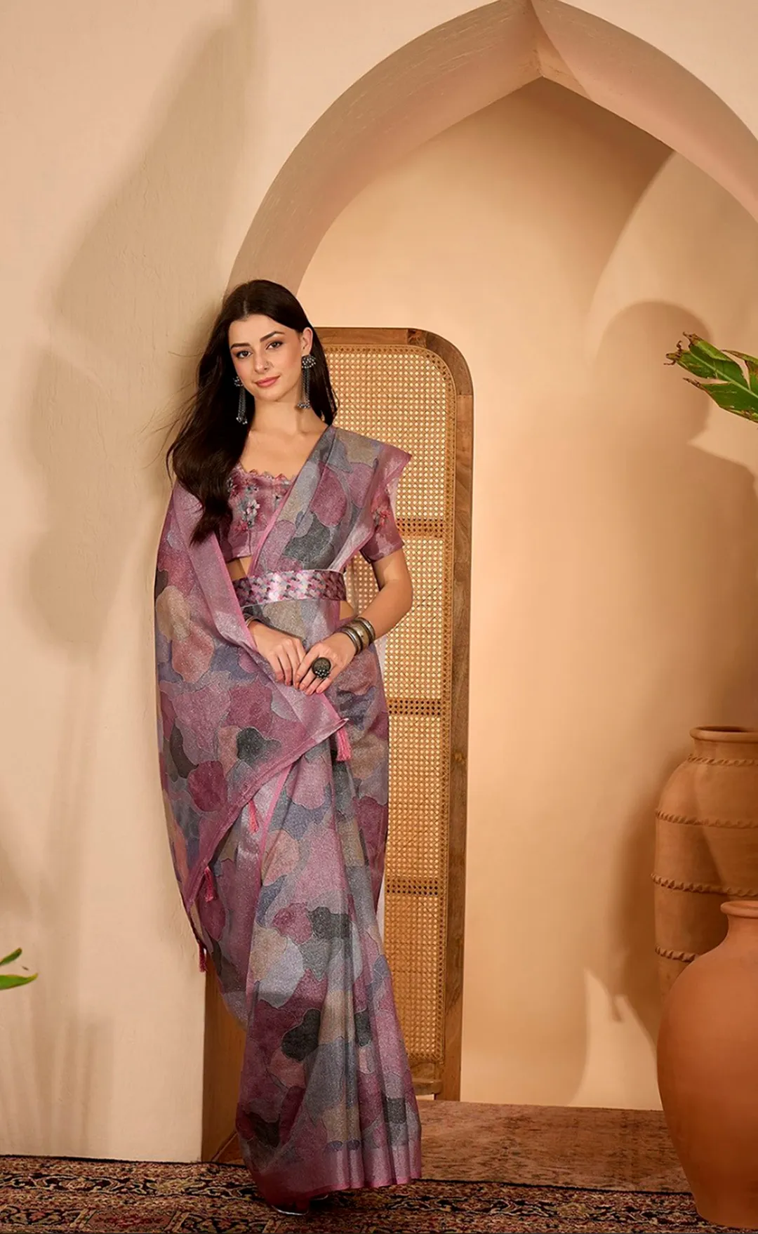 Mauve Floral Print Linen Cotton Saree with Blouse | VARNAVI