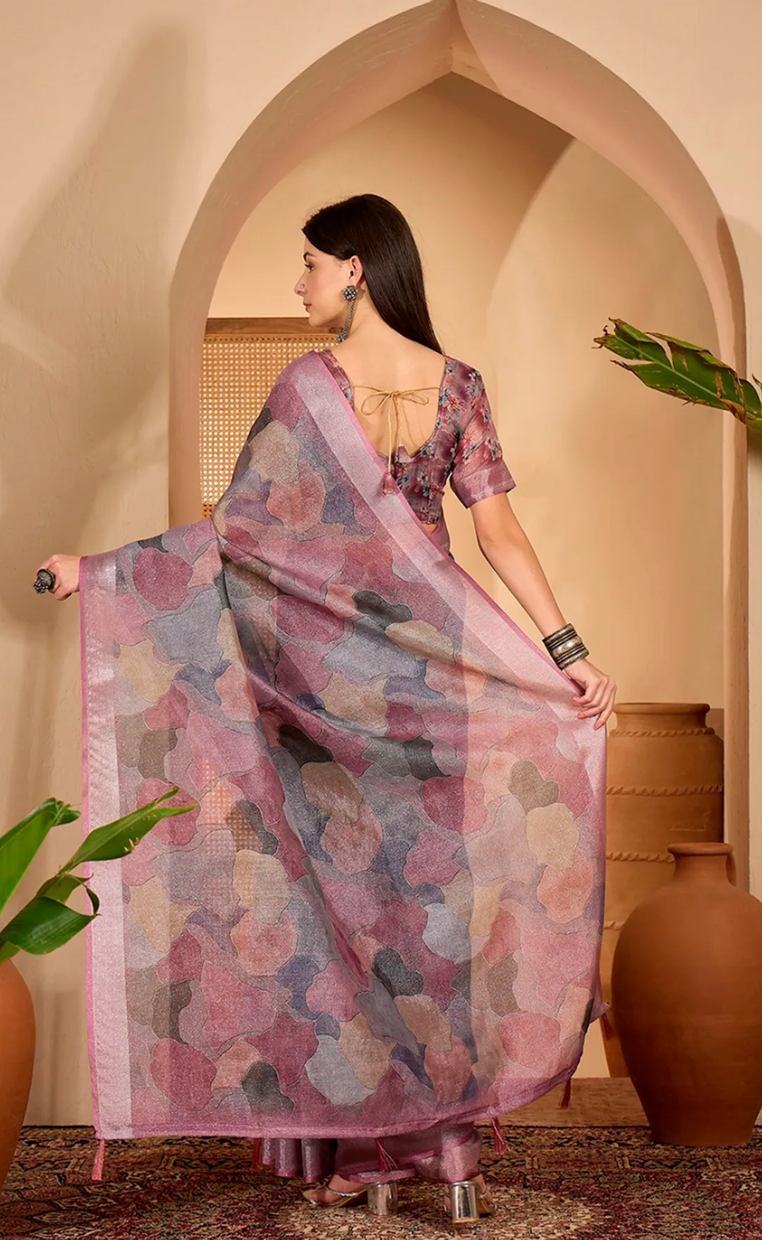 Mauve Floral Print Linen Cotton Saree with Blouse | VARNAVI