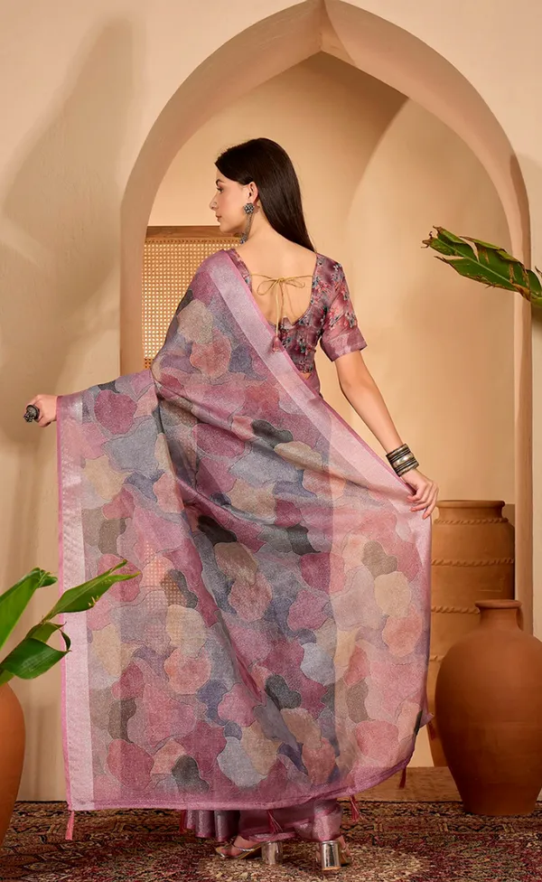 Mauve Floral Print Linen Cotton Saree with Blouse | VARNAVI